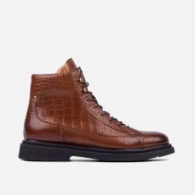 Aiden Brown Crocskin Leather Combat Boots