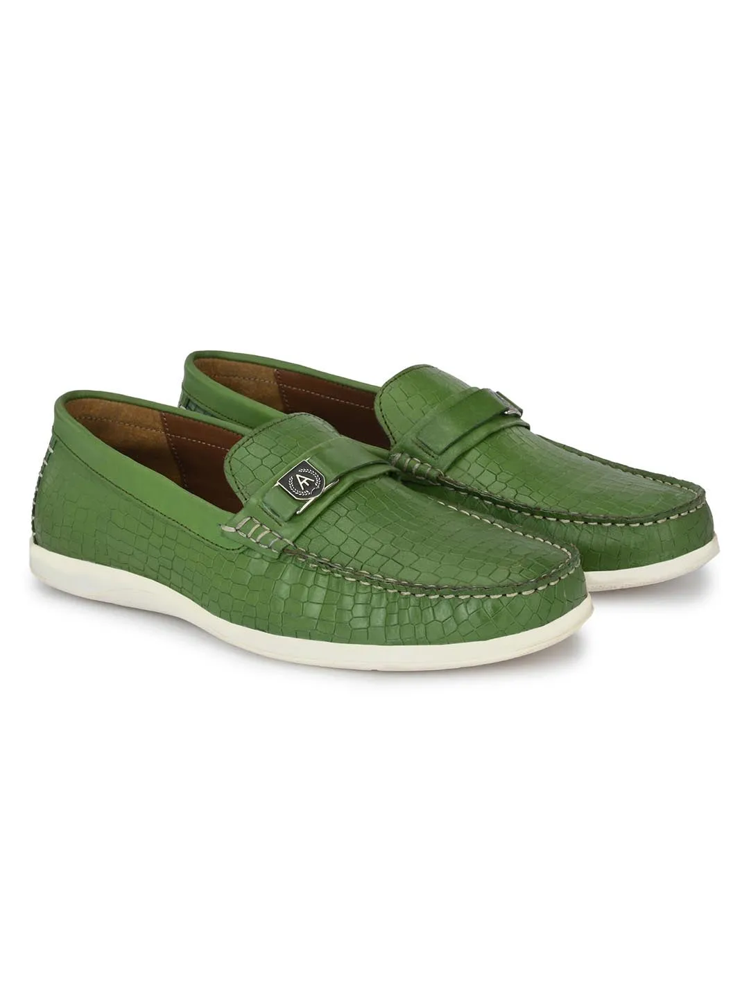 Alberto Torresi Genuine Leather Green Textured Loafers For Men