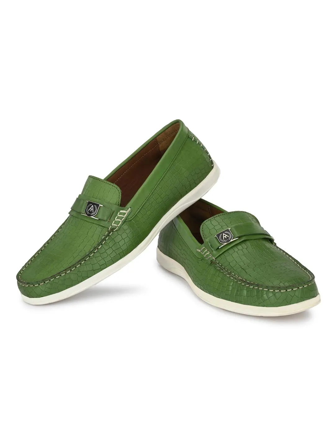 Alberto Torresi Genuine Leather Green Textured Loafers For Men