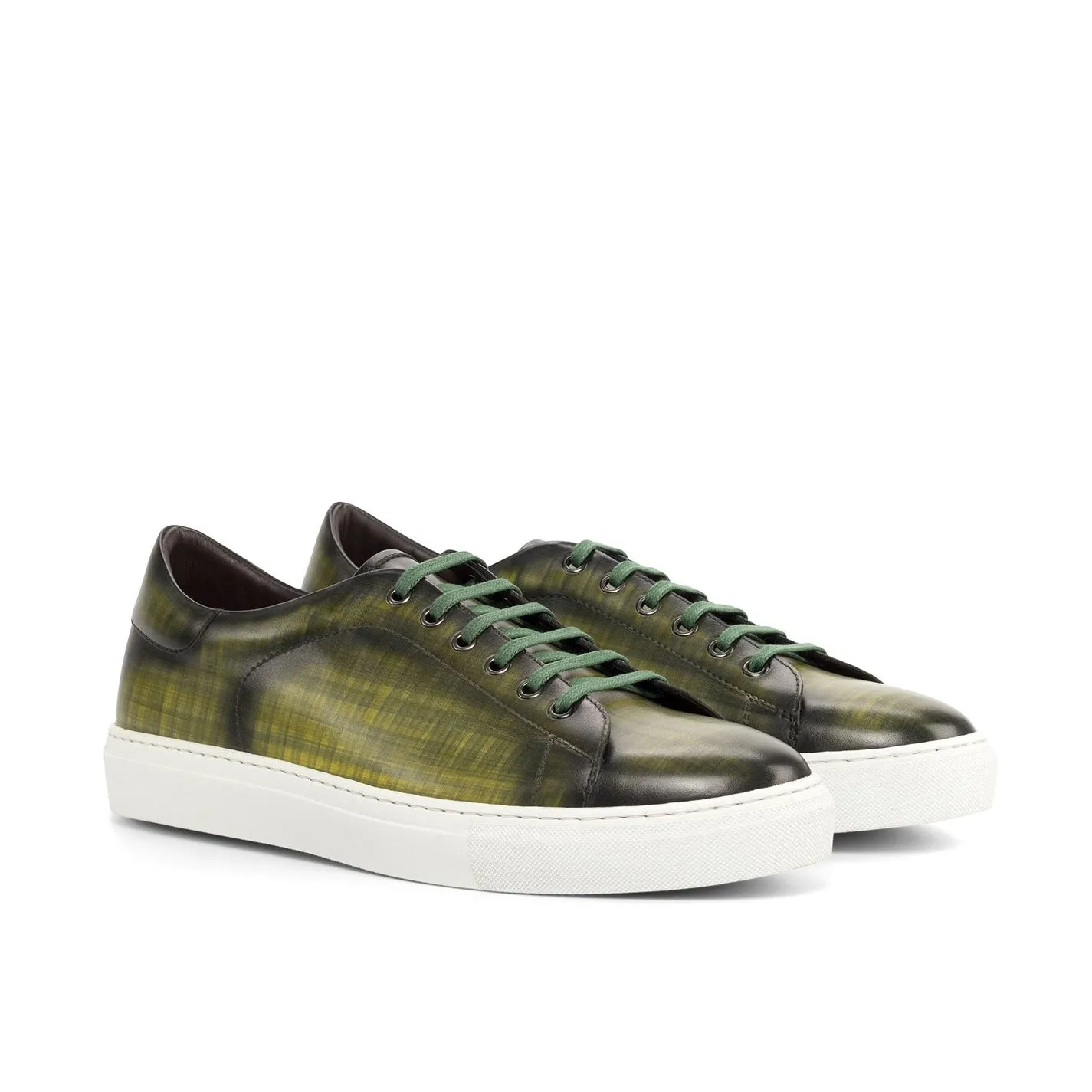 Ambrogio Bespoke Custom Men's Shoes Khaki Green Patina Leather Sneakers (AMB2185)