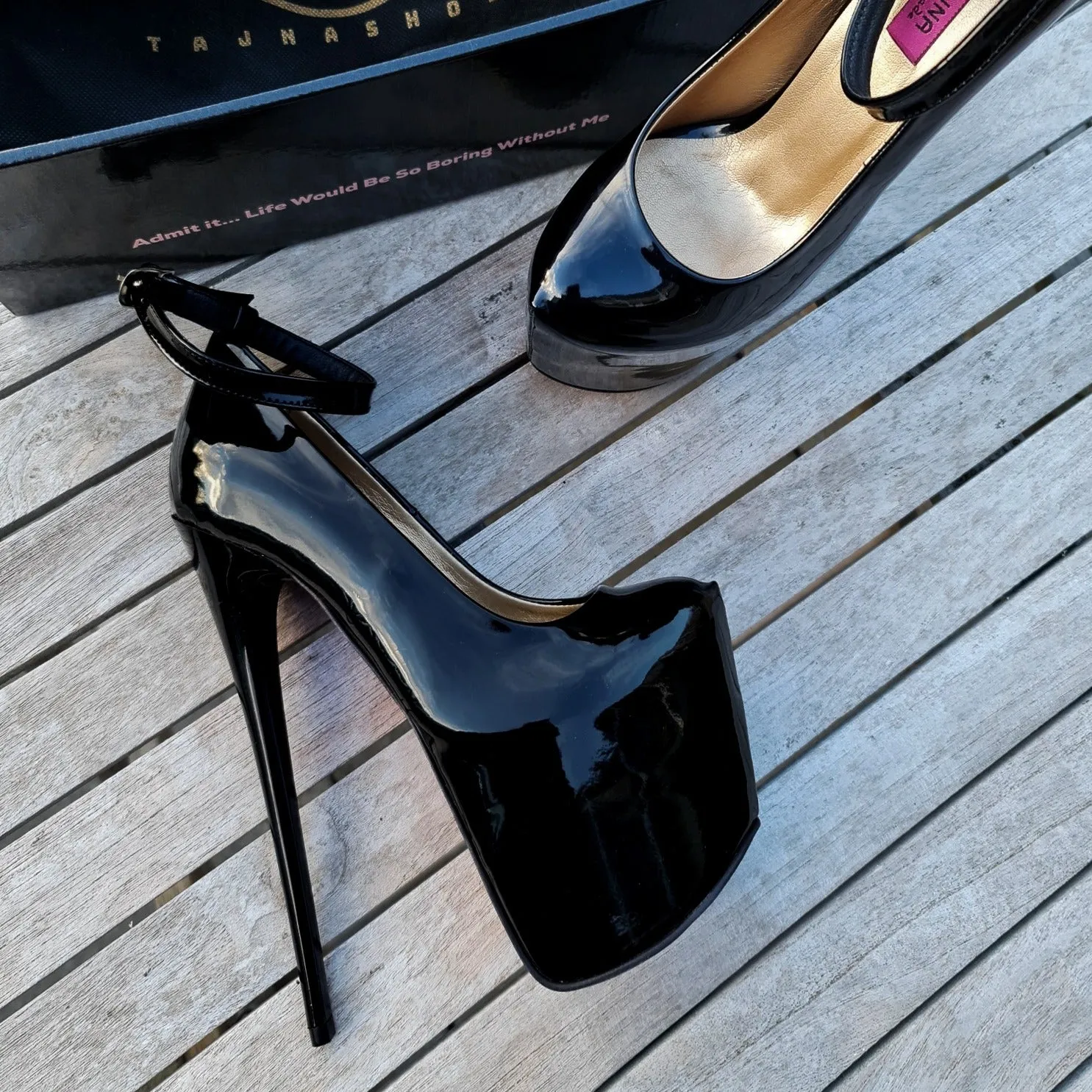 Black Gloss Ankle Strap Classic High Heel Platforms