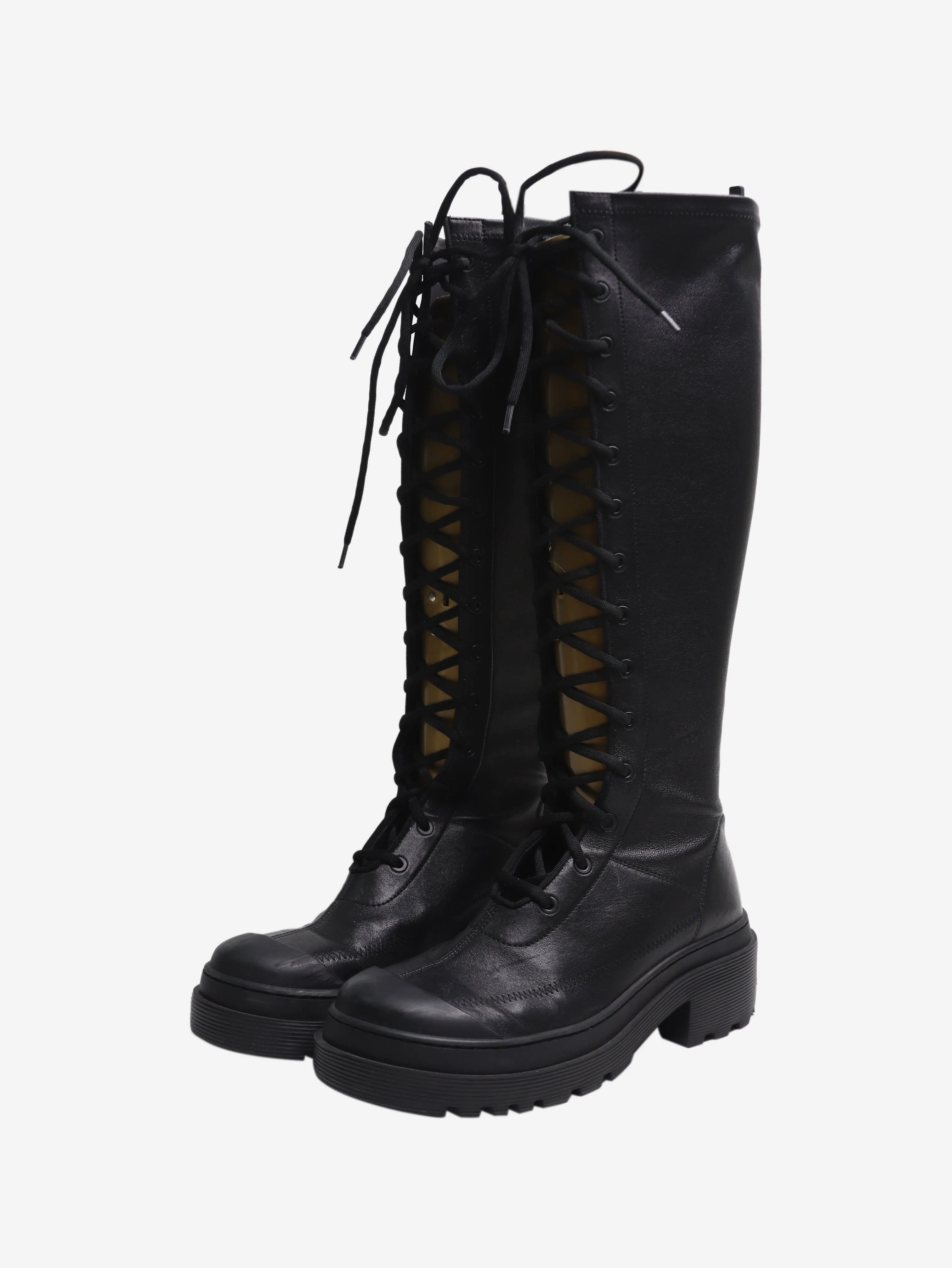 Black leather knee-high lace-up boots - size EU 38.5