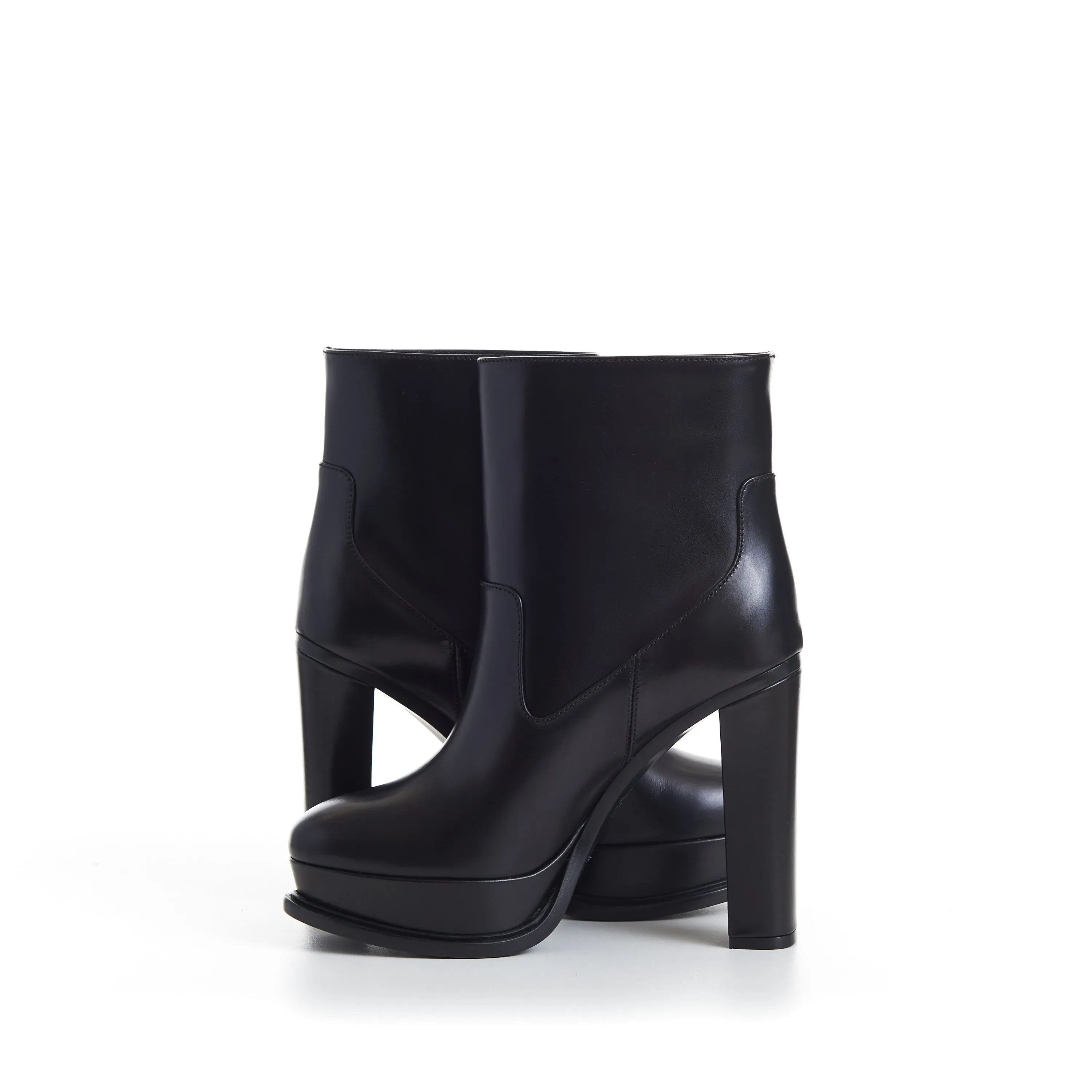 Black Leather Platform Ankle Boot - Pull Up, Round Toe