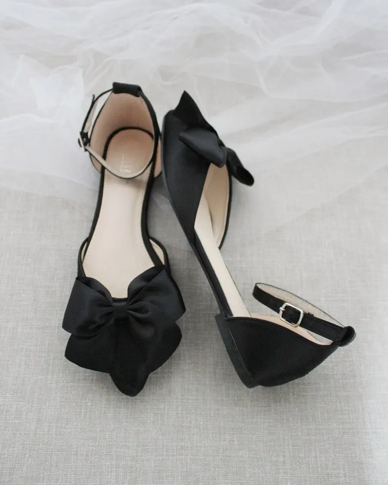 Black Pointy Toe flats with Front Satin Bow