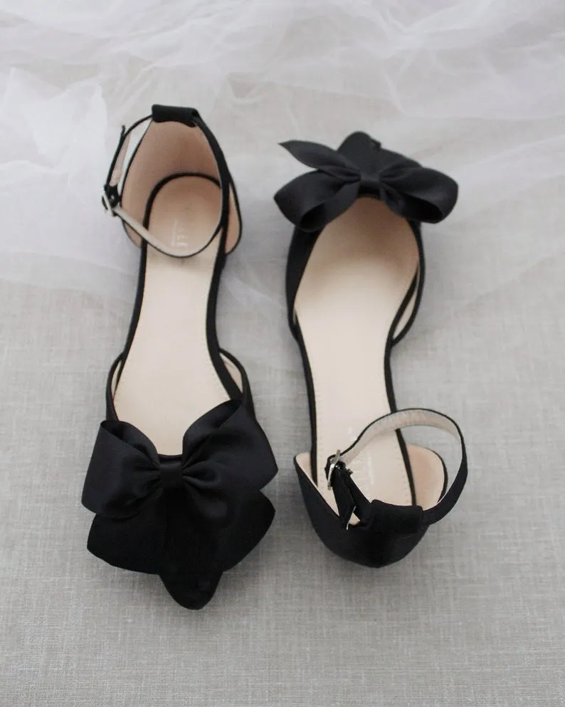 Black Pointy Toe flats with Front Satin Bow