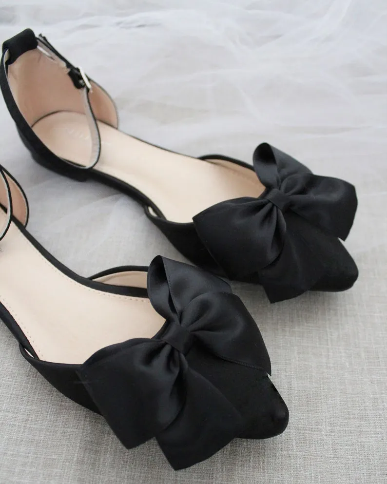 Black Pointy Toe flats with Front Satin Bow