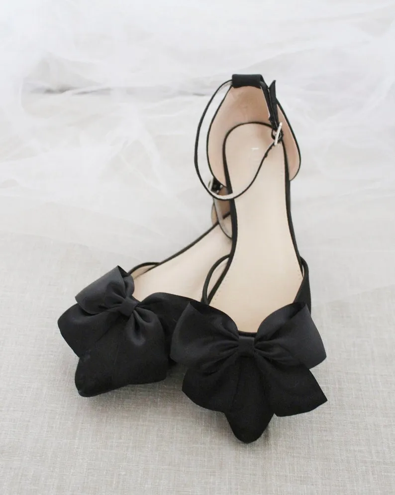 Black Pointy Toe flats with Front Satin Bow