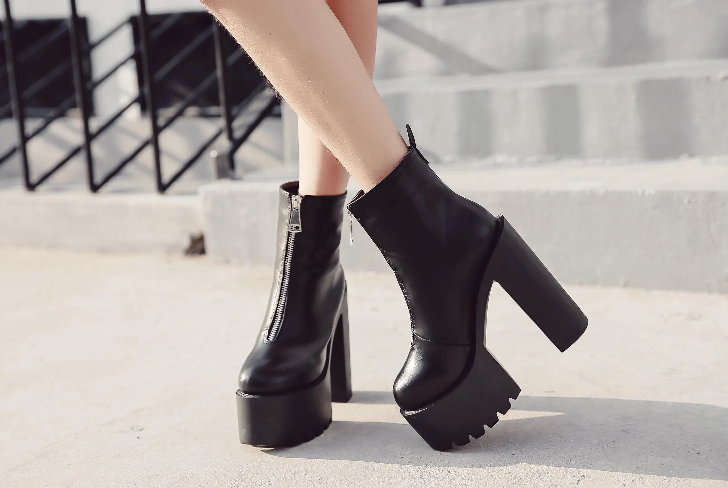 Black Zipper Platform Heel Boots