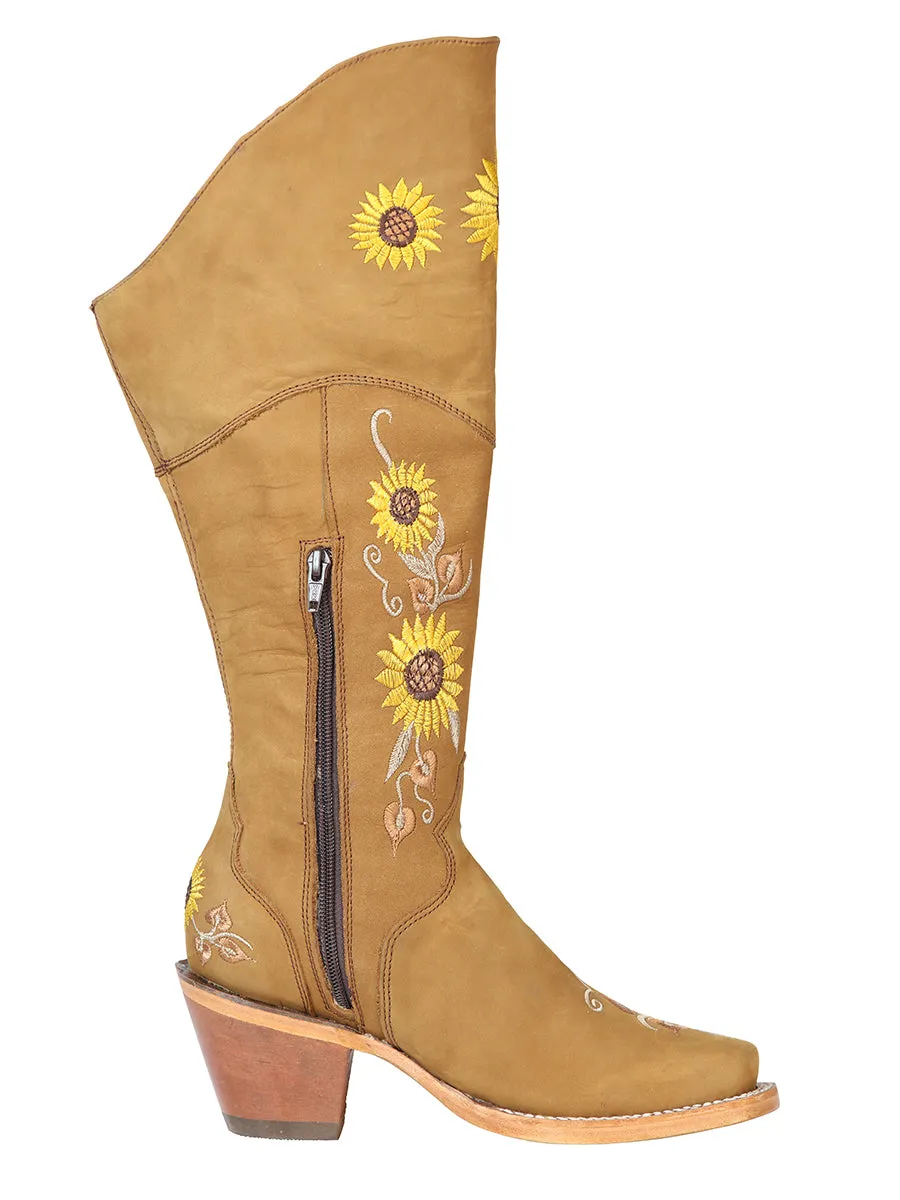 Botas Vaqueras Altas con Tubo Bordado de Girasoles de Piel Nobuck para Mujer 'El General' - ID: 43916