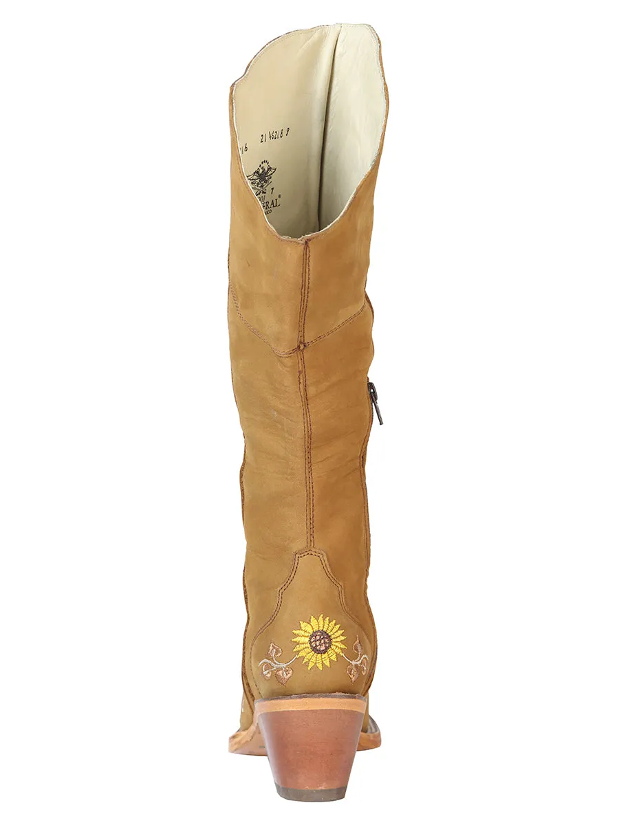 Botas Vaqueras Altas con Tubo Bordado de Girasoles de Piel Nobuck para Mujer 'El General' - ID: 43916