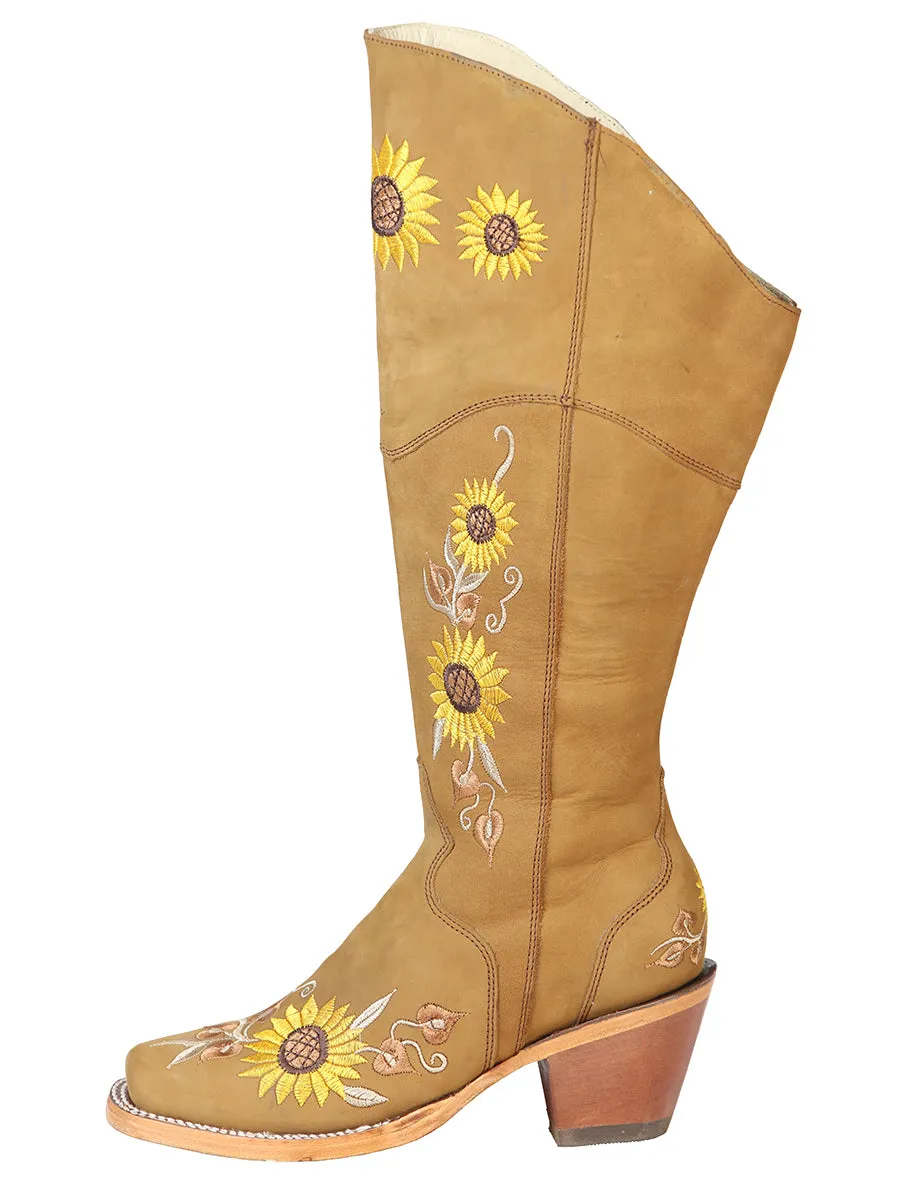 Botas Vaqueras Altas con Tubo Bordado de Girasoles de Piel Nobuck para Mujer 'El General' - ID: 43916