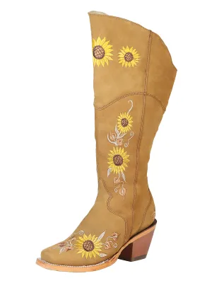 Botas Vaqueras Altas con Tubo Bordado de Girasoles de Piel Nobuck para Mujer 'El General' - ID: 43916