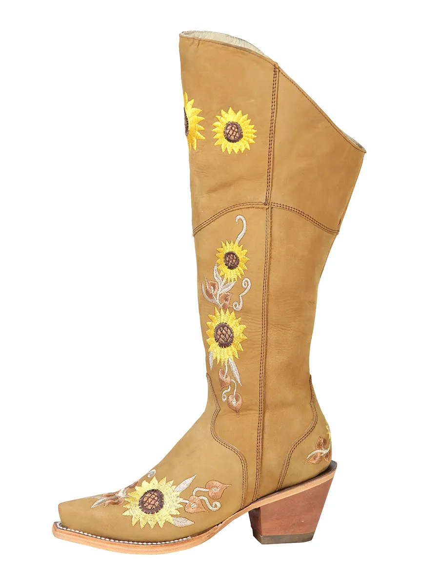 Botas Vaqueras Altas con Tubo Bordado de Girasoles de Piel Nobuck para Mujer 'El General' - ID: 43917