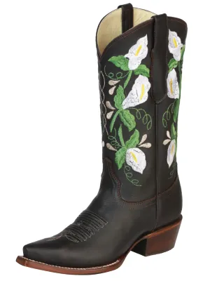 Botas Vaqueras Retro con Tubo Bordado de Flores de Piel Genuina para Mujer 'Centenario' - ID: 43287