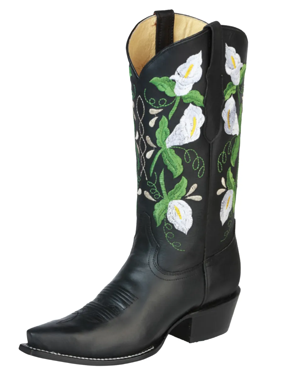 Botas Vaqueras Retro con Tubo Bordado de Flores de Piel Genuina para Mujer 'Centenario' - ID: 43289