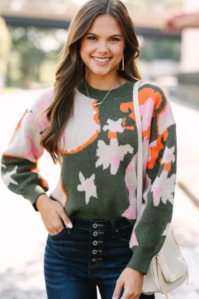 Chic Pursuits Olive Green Floral Sweater