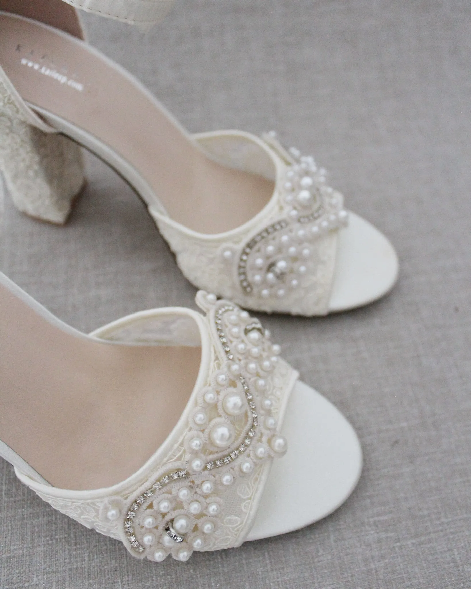 Crochet Lace Block Heel Sandals with Small Pearls Applique