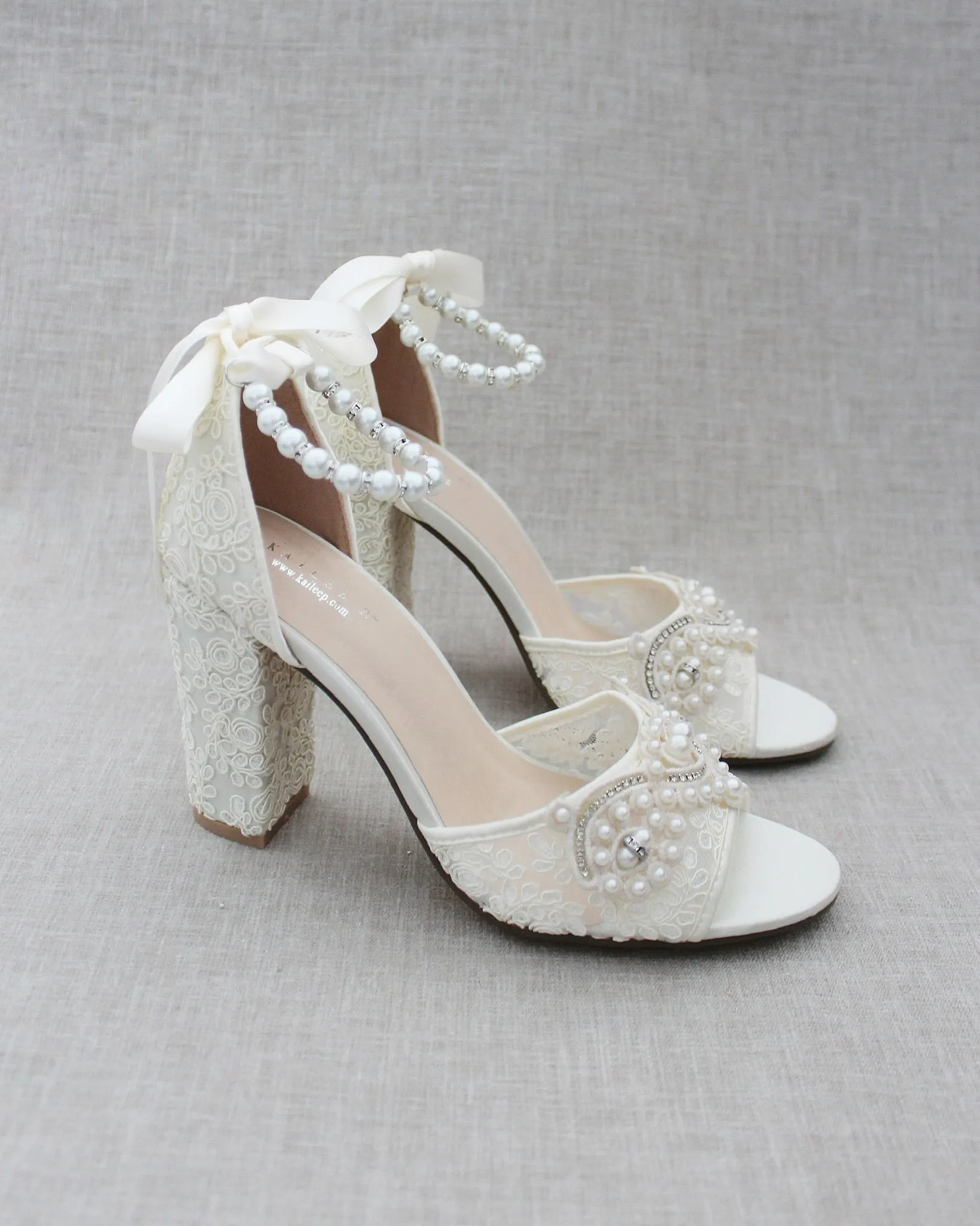 Crochet Lace Block Heel Sandals with Small Pearls Applique