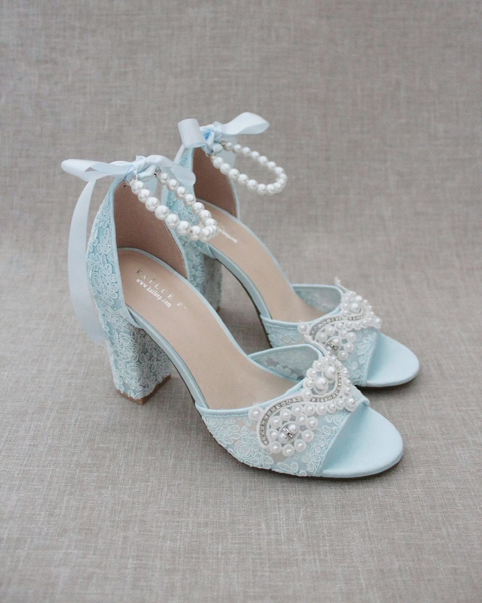 Crochet Lace Block Heel Sandals with Small Pearls Applique