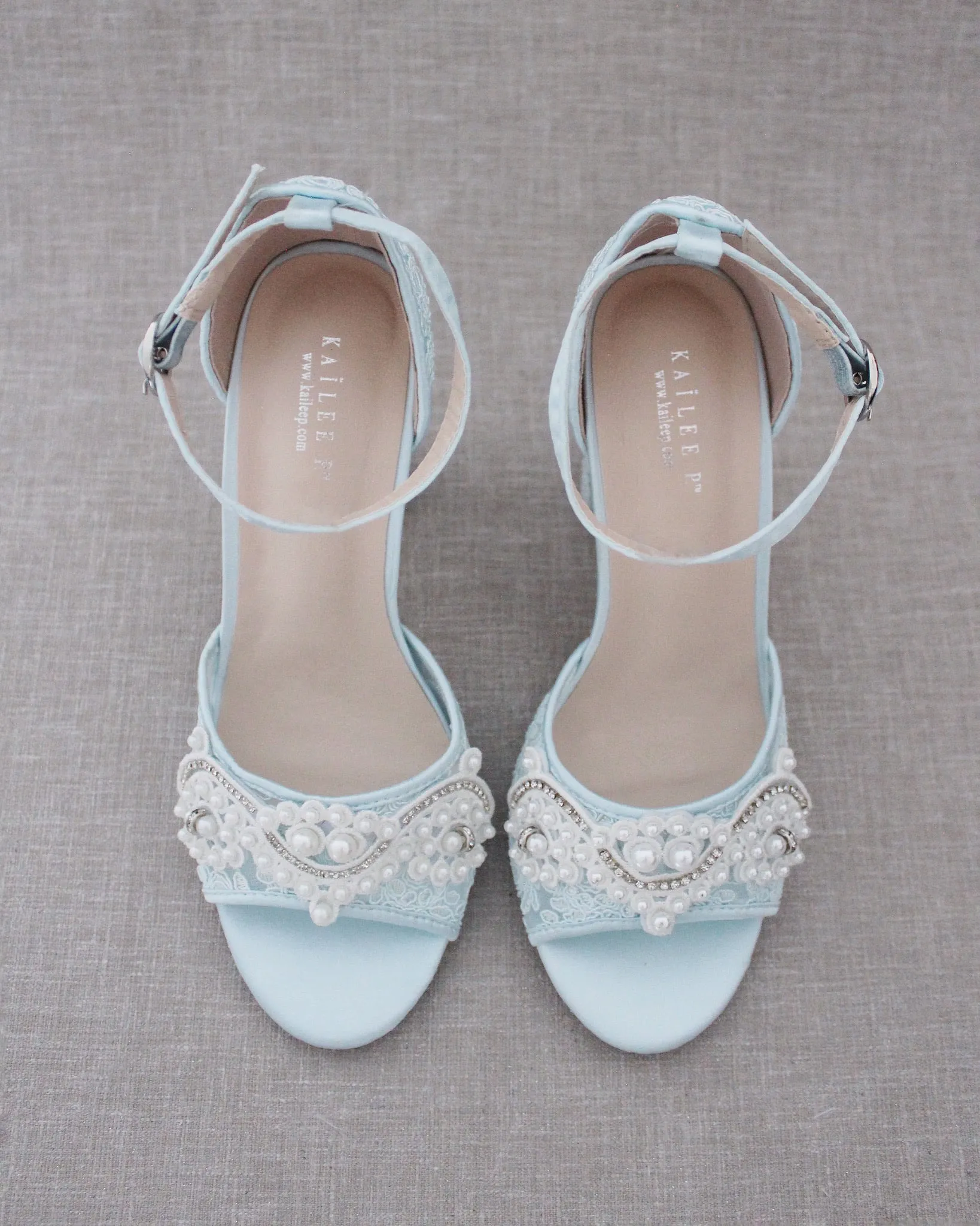 Crochet Lace Block Heel Sandals with Small Pearls Applique