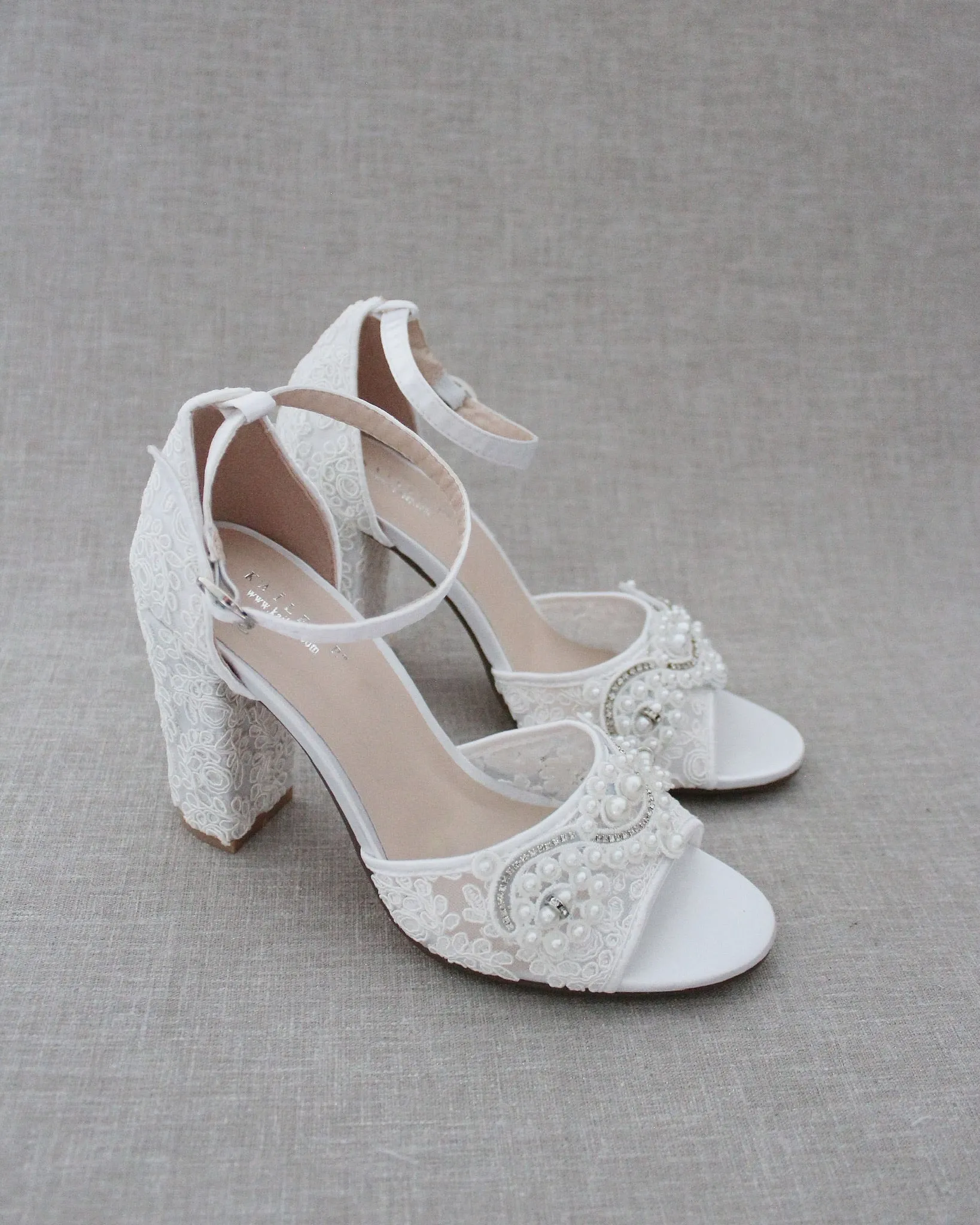 Crochet Lace Block Heel Sandals with Small Pearls Applique