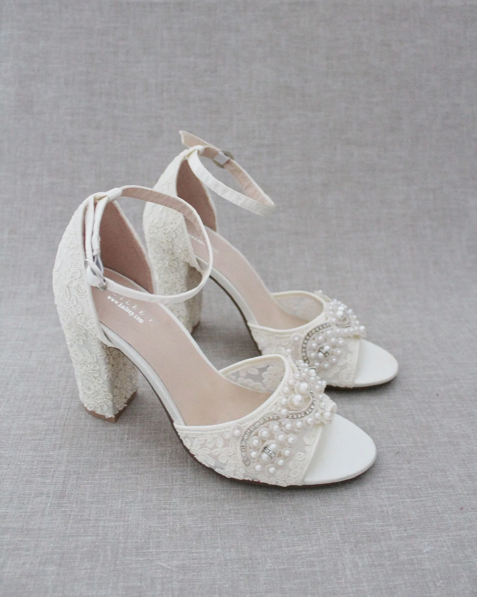 Crochet Lace Block Heel Sandals with Small Pearls Applique