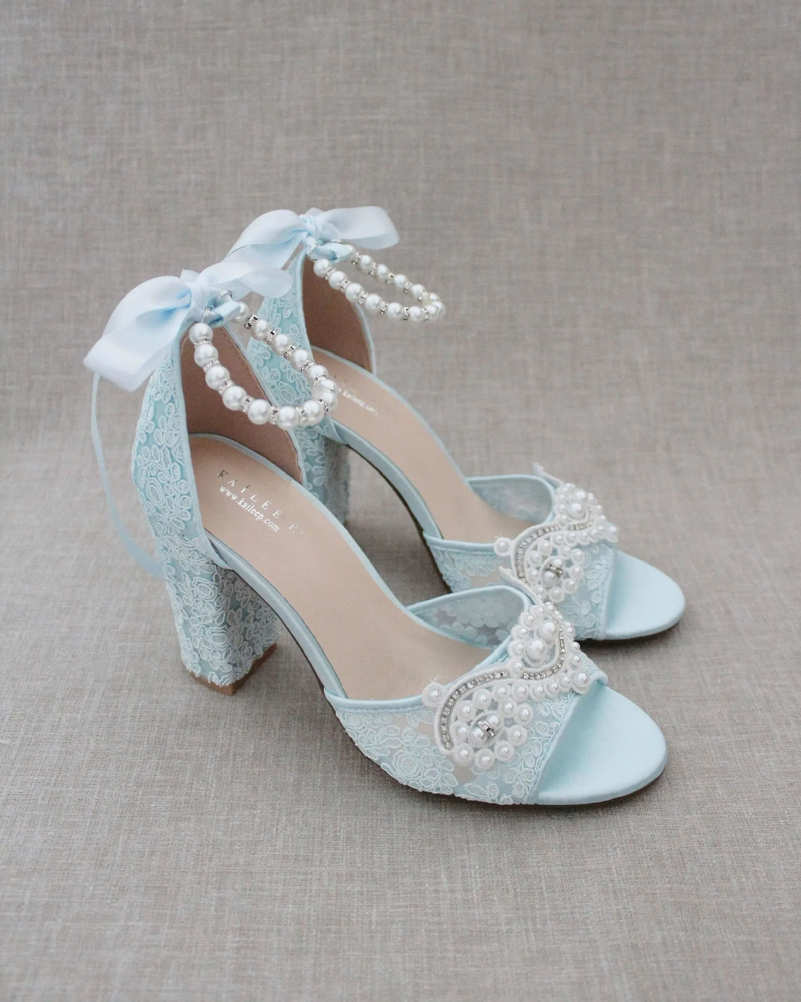 Crochet Lace Block Heel Sandals with Small Pearls Applique