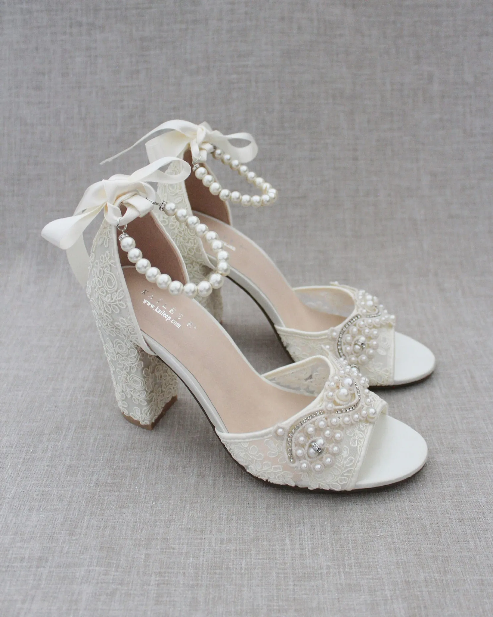 Crochet Lace Block Heel Sandals with Small Pearls Applique