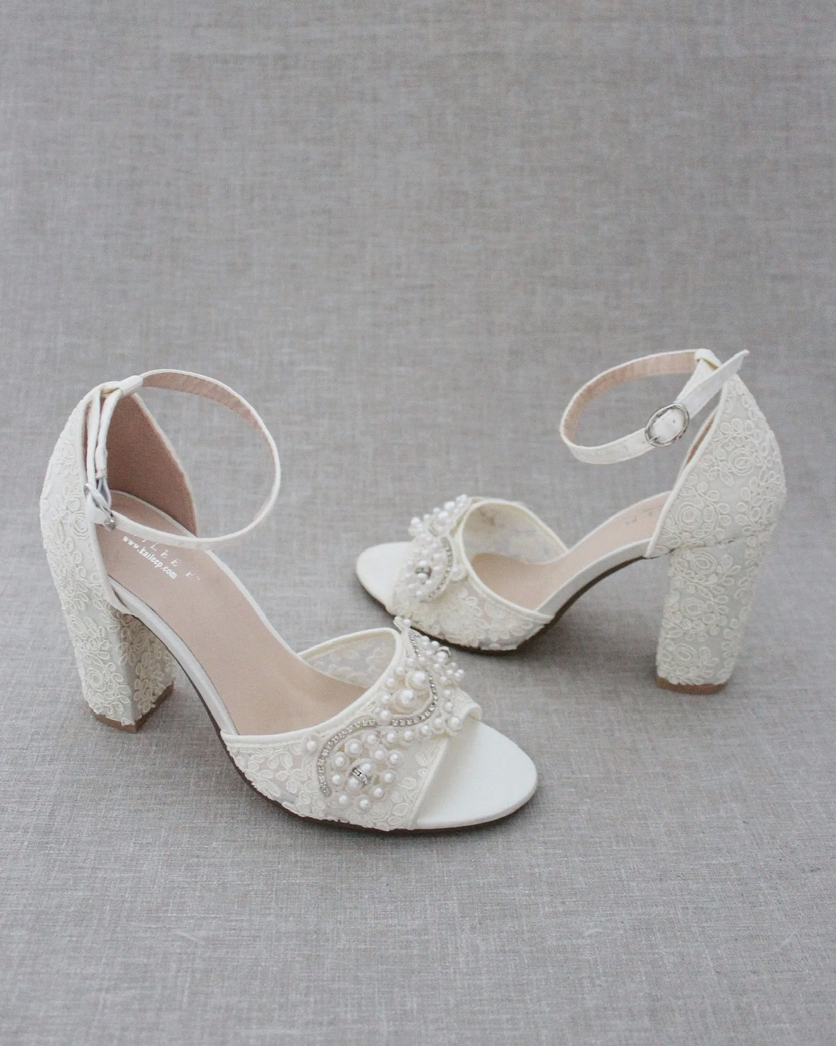 Crochet Lace Block Heel Sandals with Small Pearls Applique