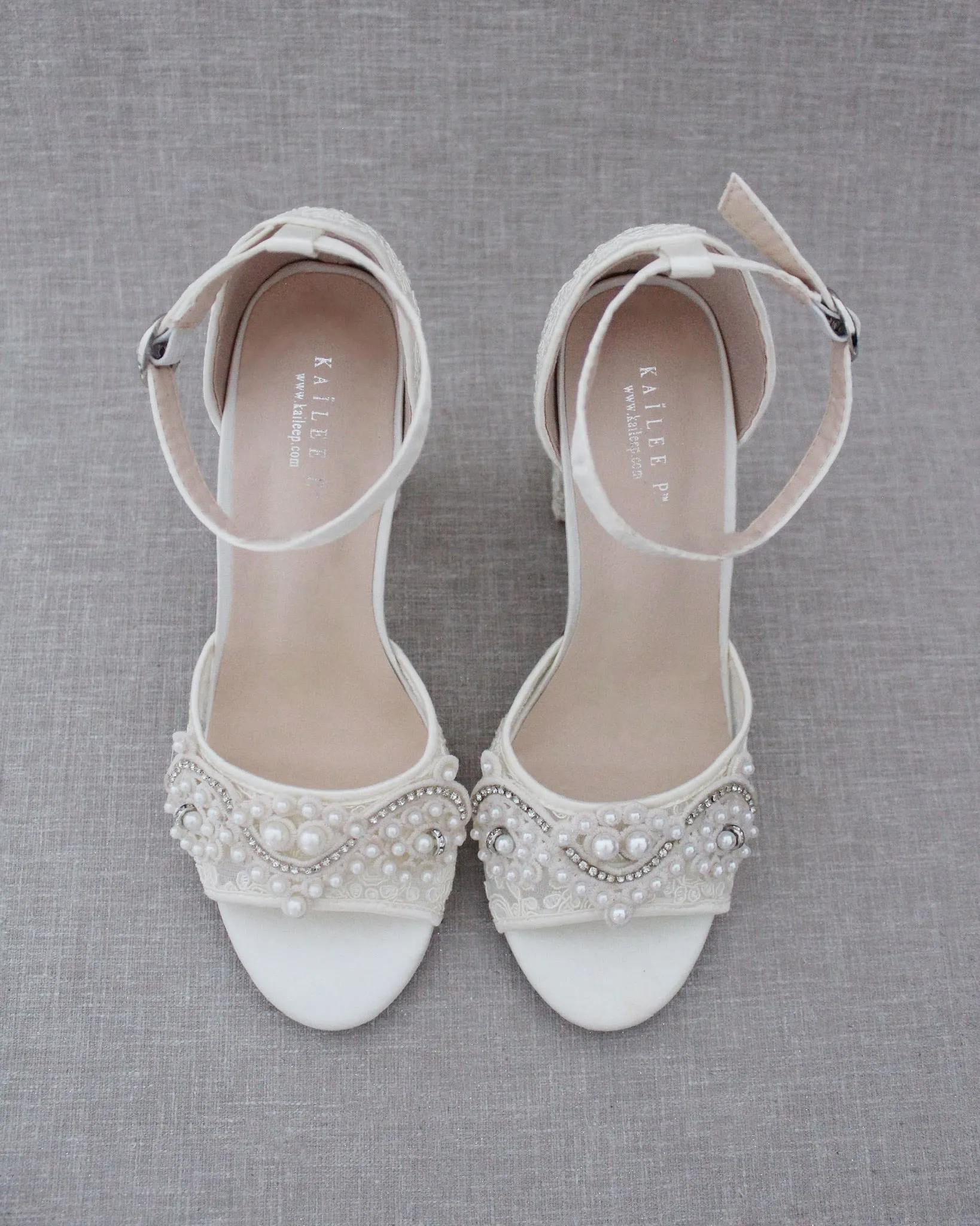 Crochet Lace Block Heel Sandals with Small Pearls Applique