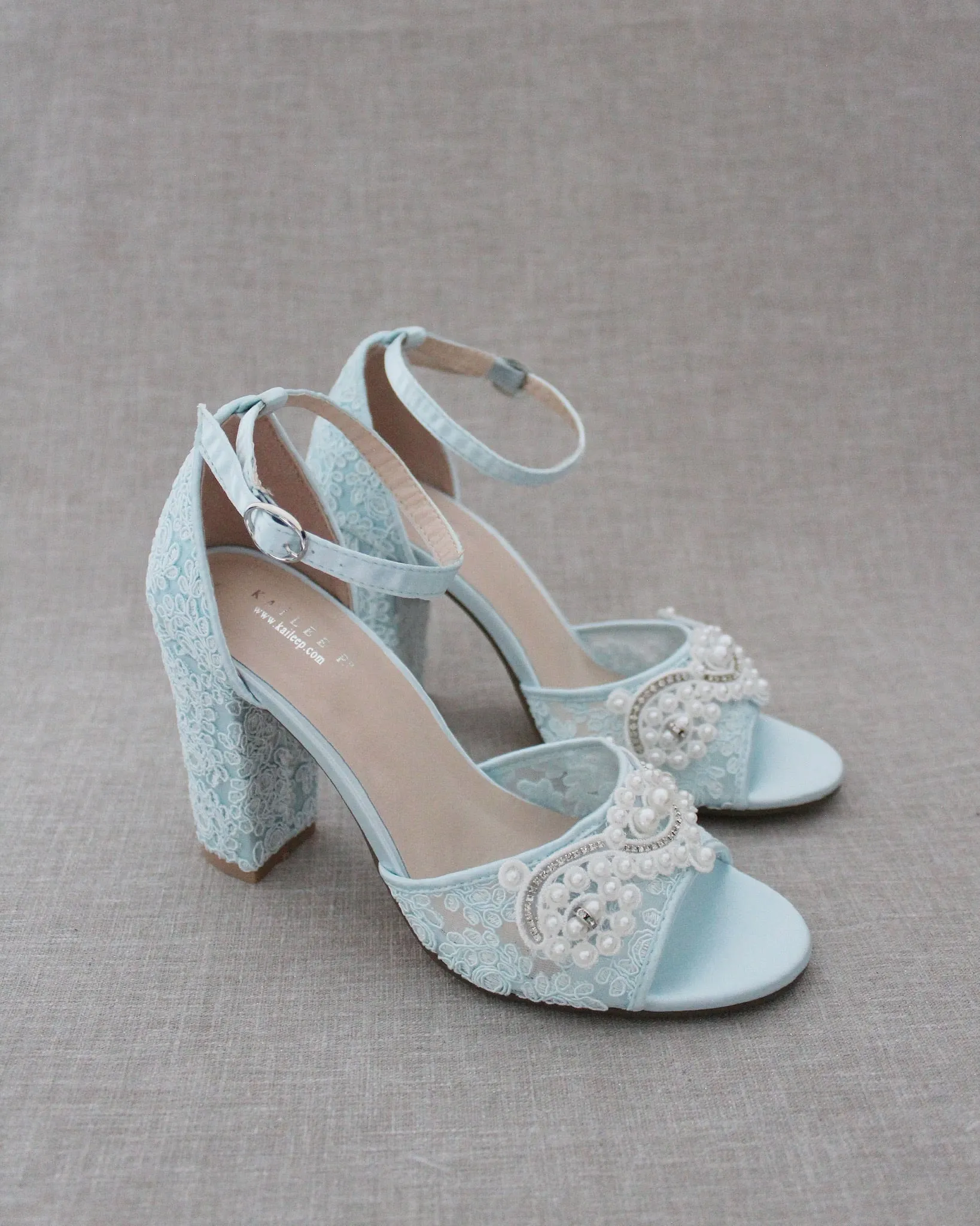 Crochet Lace Block Heel Sandals with Small Pearls Applique