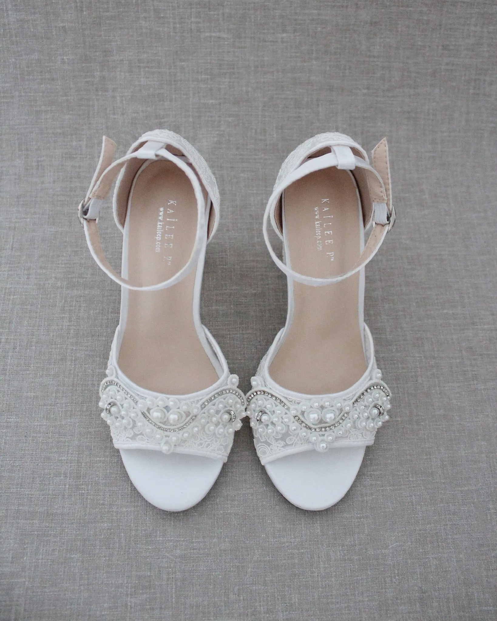 Crochet Lace Block Heel Sandals with Small Pearls Applique