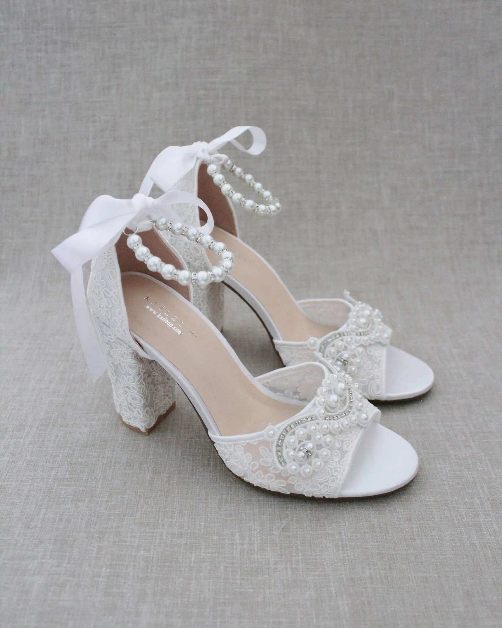 Crochet Lace Block Heel Sandals with Small Pearls Applique