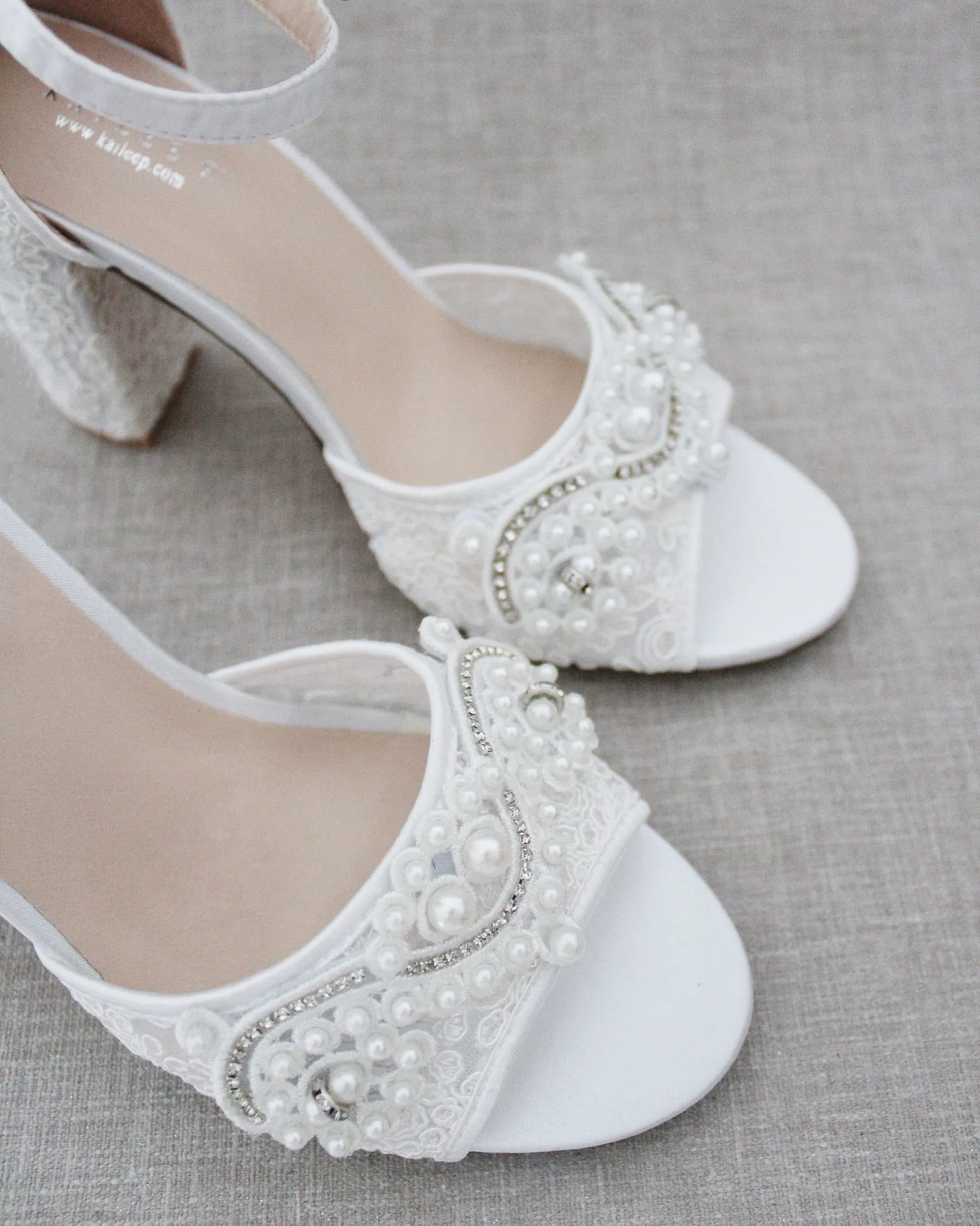 Crochet Lace Block Heel Sandals with Small Pearls Applique