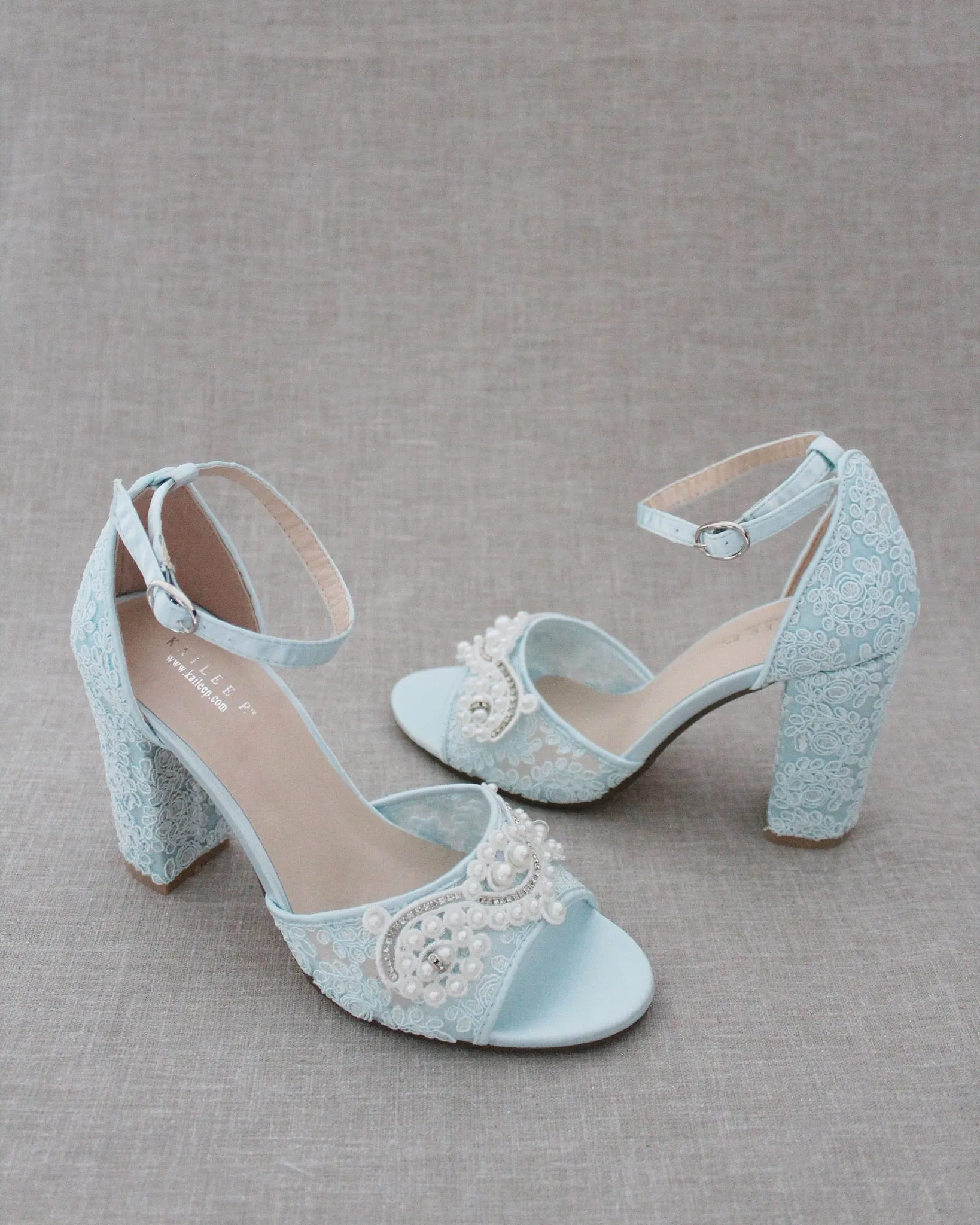 Crochet Lace Block Heel Sandals with Small Pearls Applique