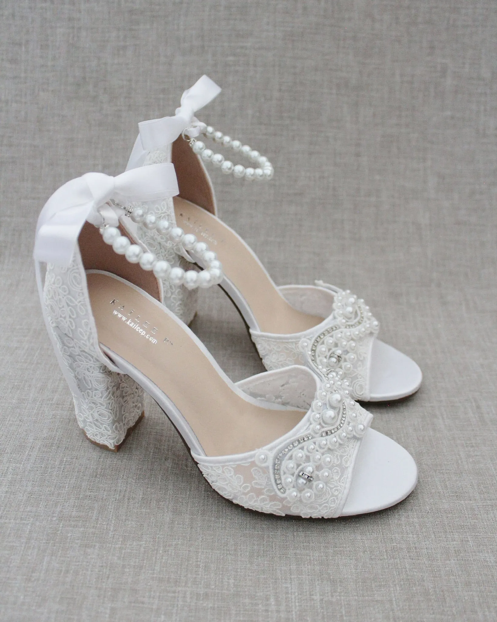 Crochet Lace Block Heel Sandals with Small Pearls Applique