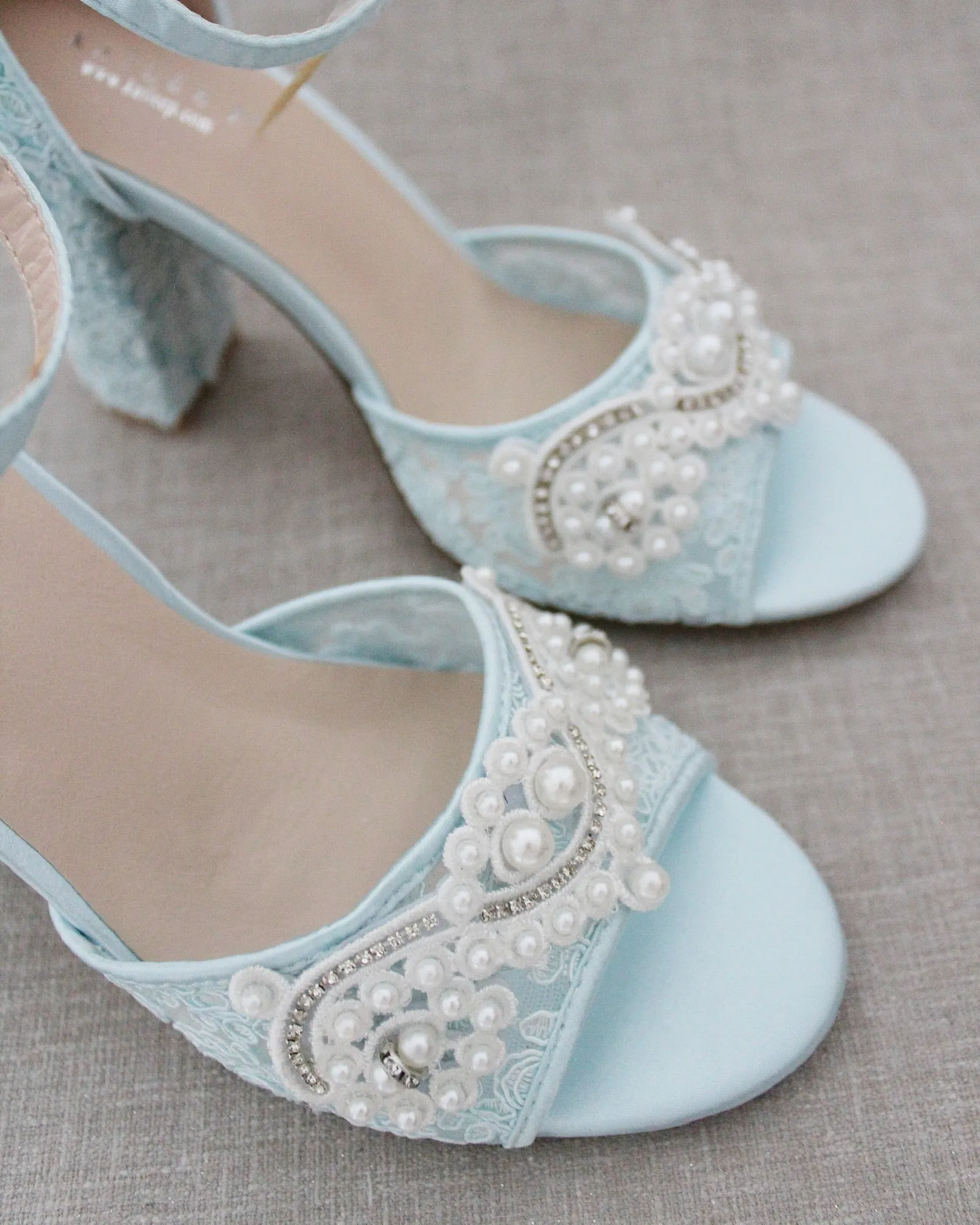 Crochet Lace Block Heel Sandals with Small Pearls Applique