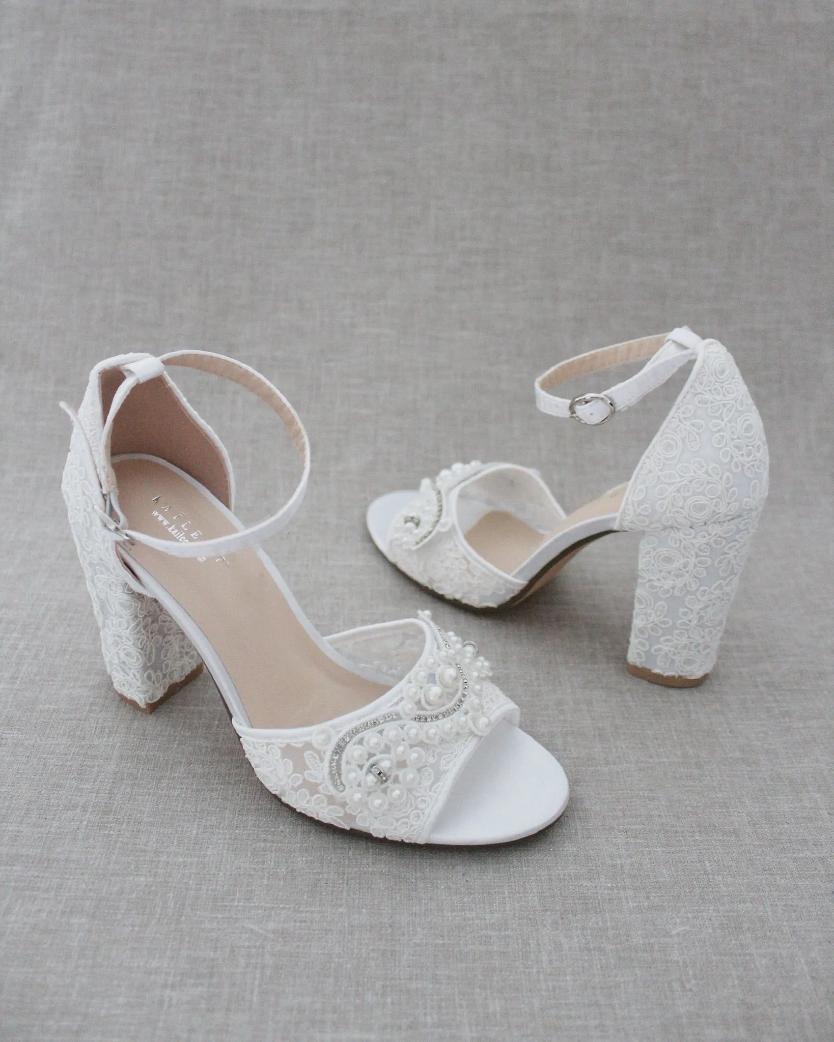 Crochet Lace Block Heel Sandals with Small Pearls Applique