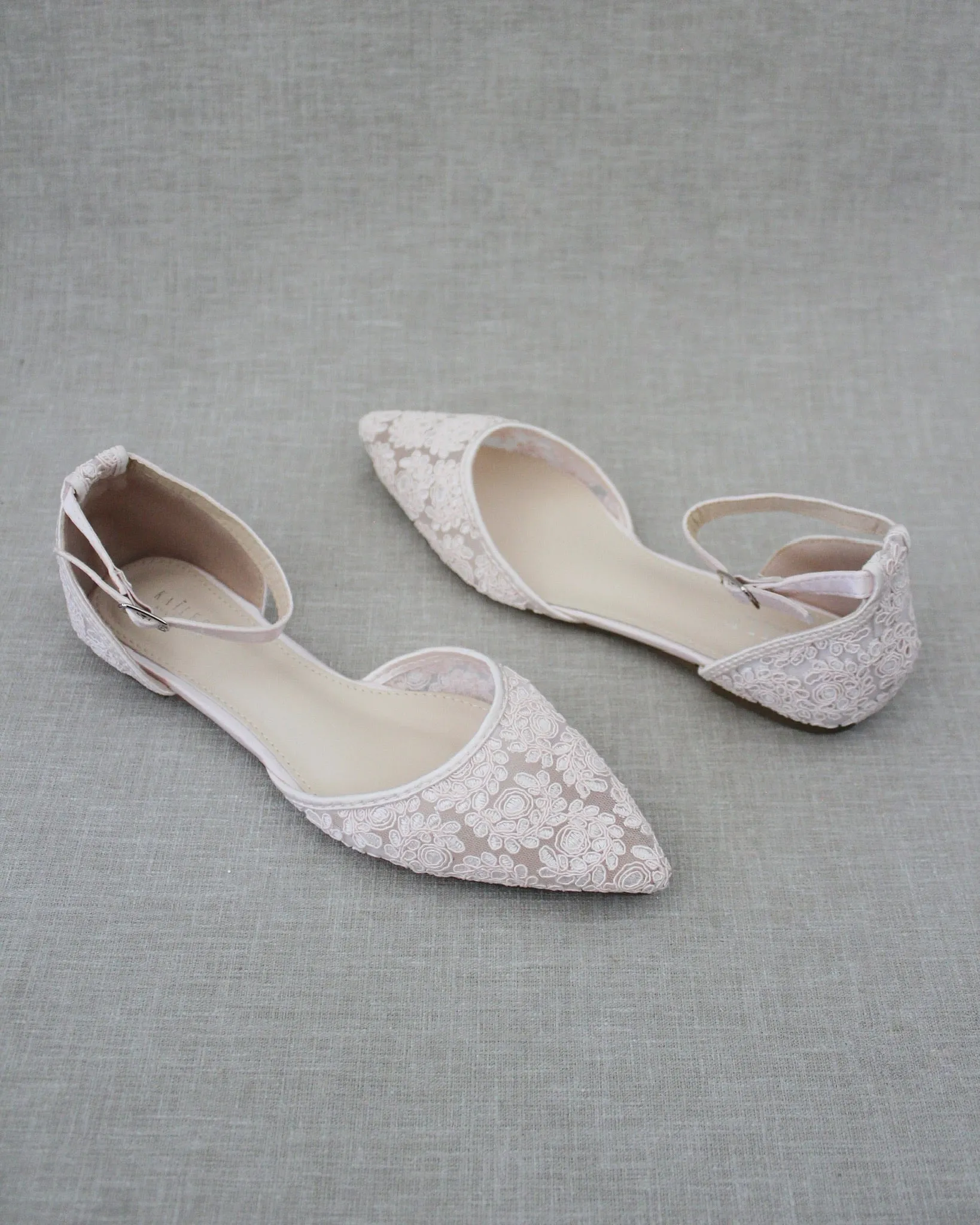 Dusty Pink Crochet Lace Pointy Toe Flats with Ankle Strap