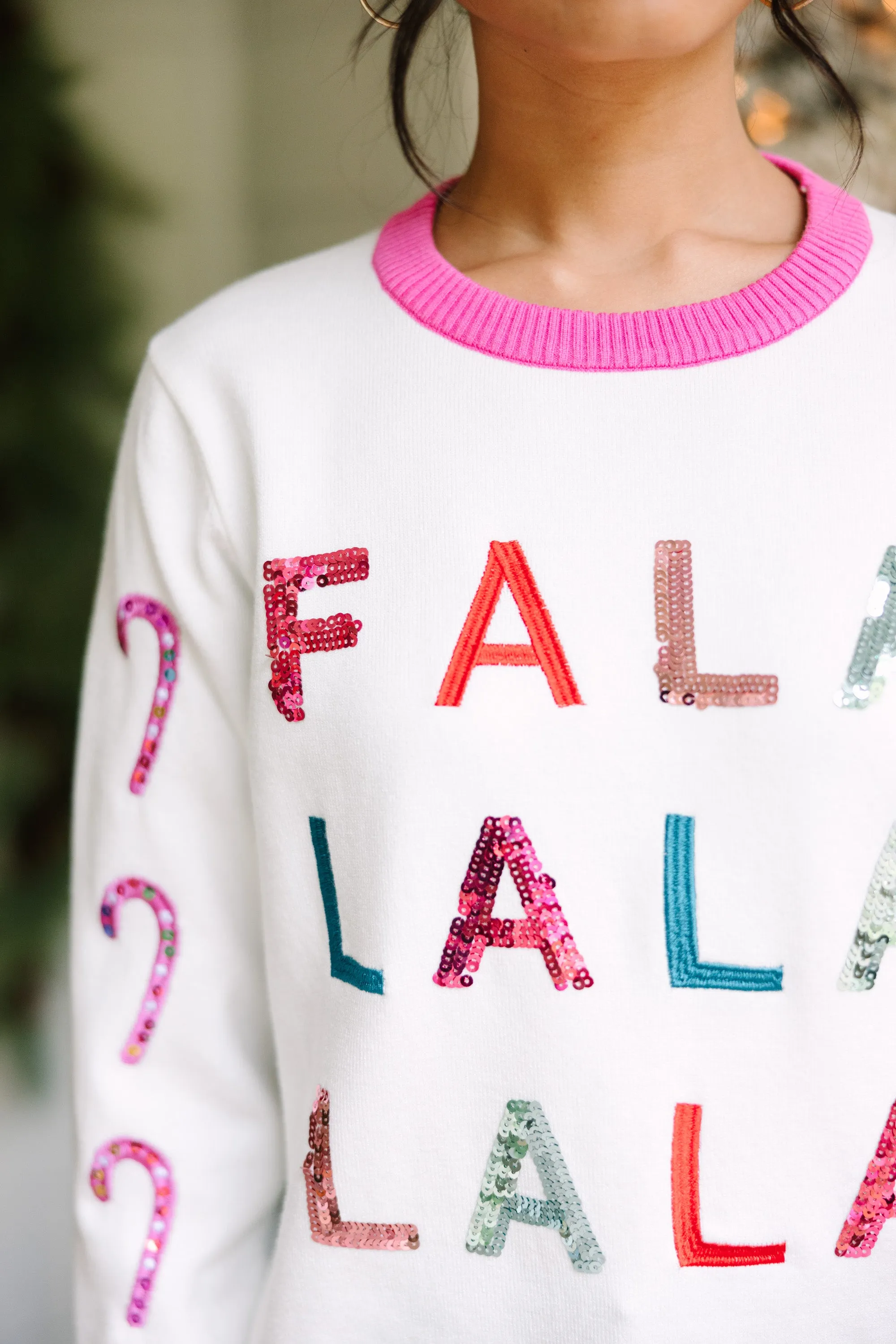 Falalalalala White Candy Cane Sleeve Sweater