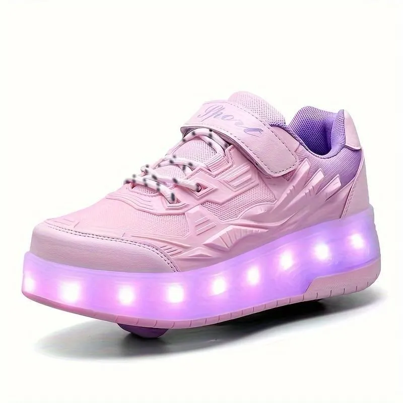 Girl's Fashion LED Light Up Roller Shoes With Hook & Loop Fastener