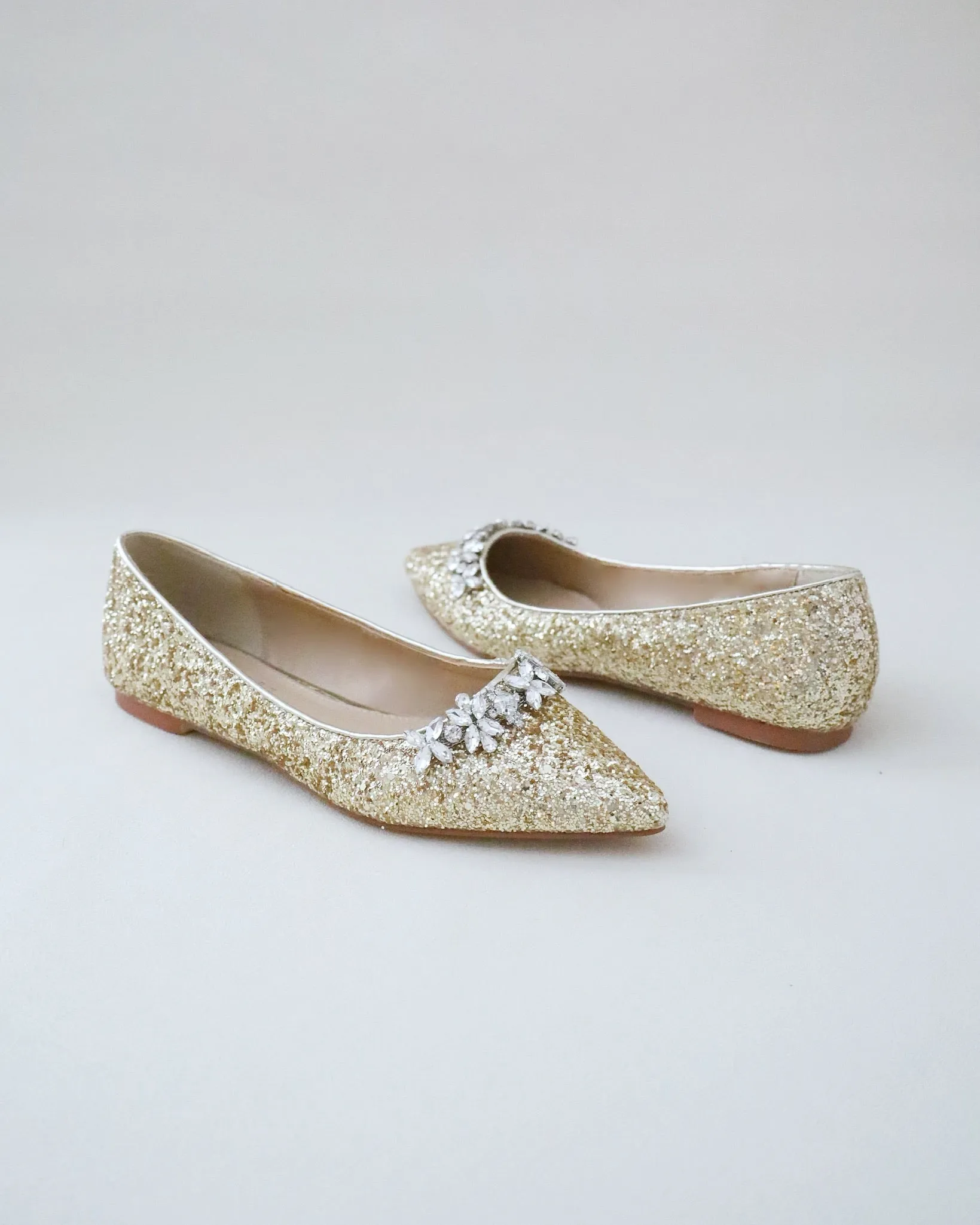 Gold Evening Pointy Toe Glitter Flats with Floral Rhinestones