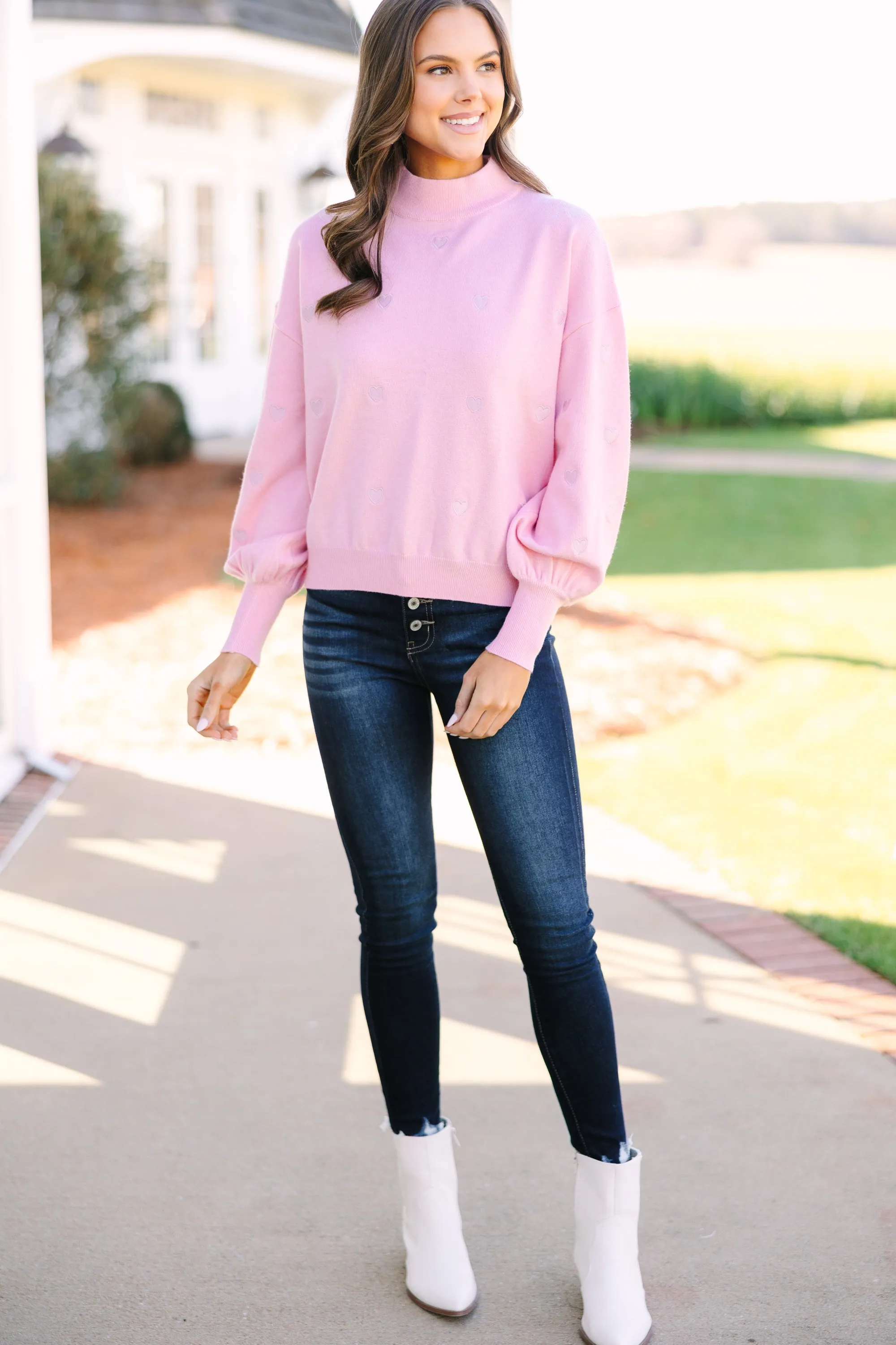 Happy With You Pink Heart Applique Sweater