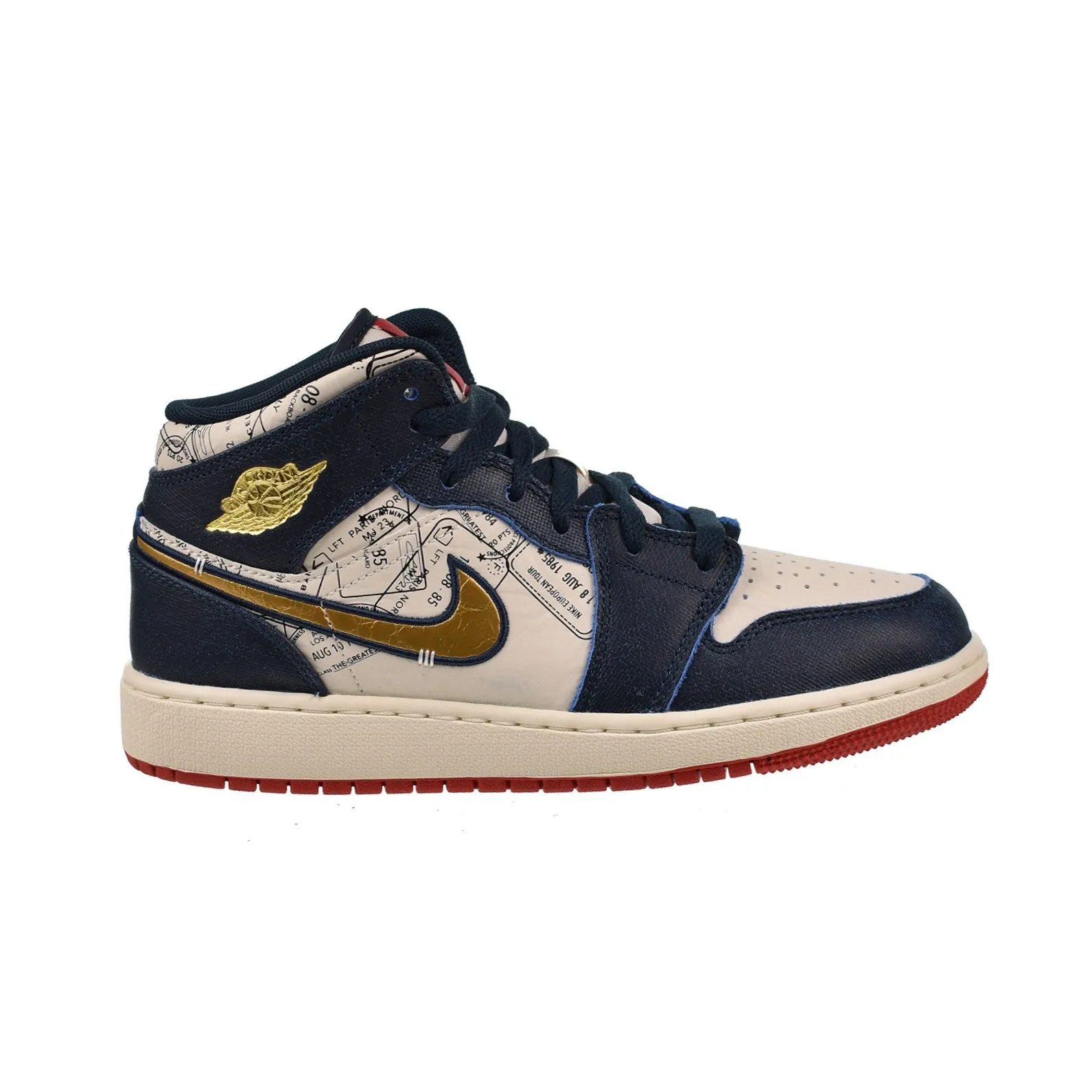 Jordan 1 Mid SE (GS) Big Kid's Shoes Armoury Navy-Pale Ivory-Red-Metallic Gold