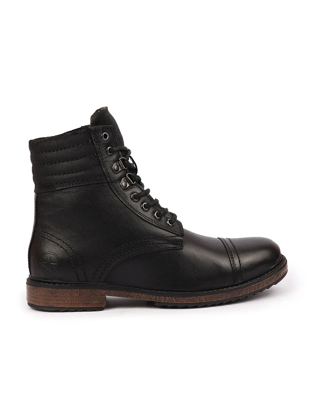 Men Black High Ankle Genuine Leather 8-Eye Lace Up Cap Toe Welted Sole Winter Biker Boots