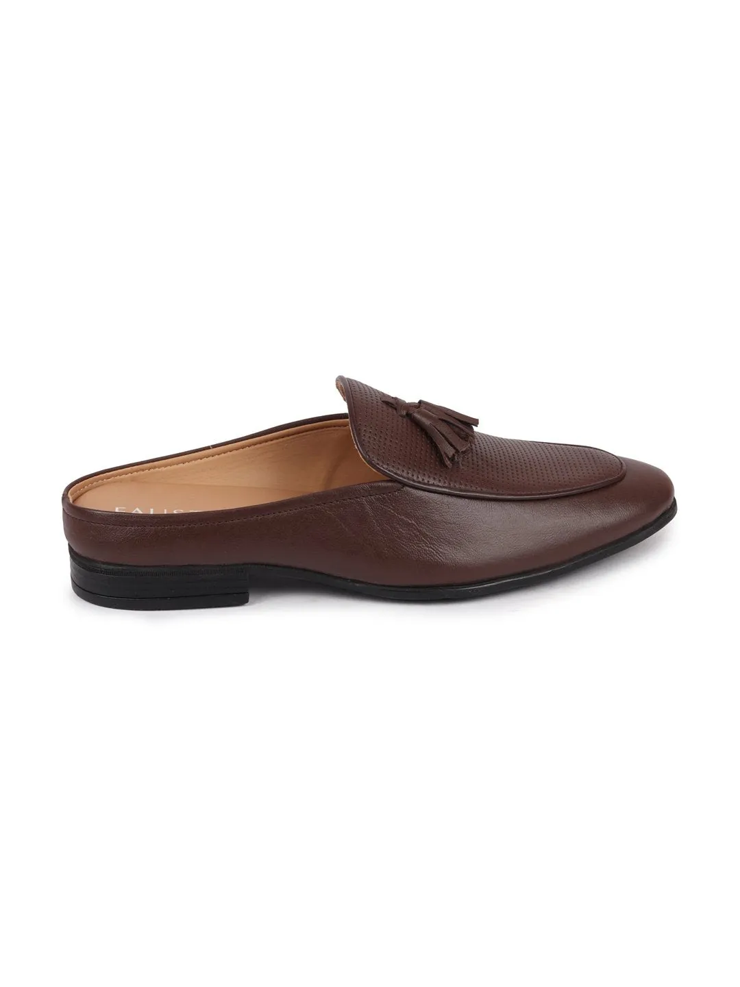 Men Brown Back Open Tassle Leather Slip On Shoes