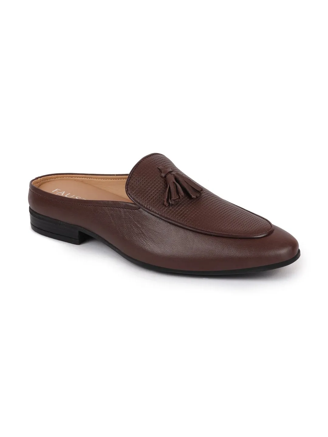 Men Brown Back Open Tassle Leather Slip On Shoes