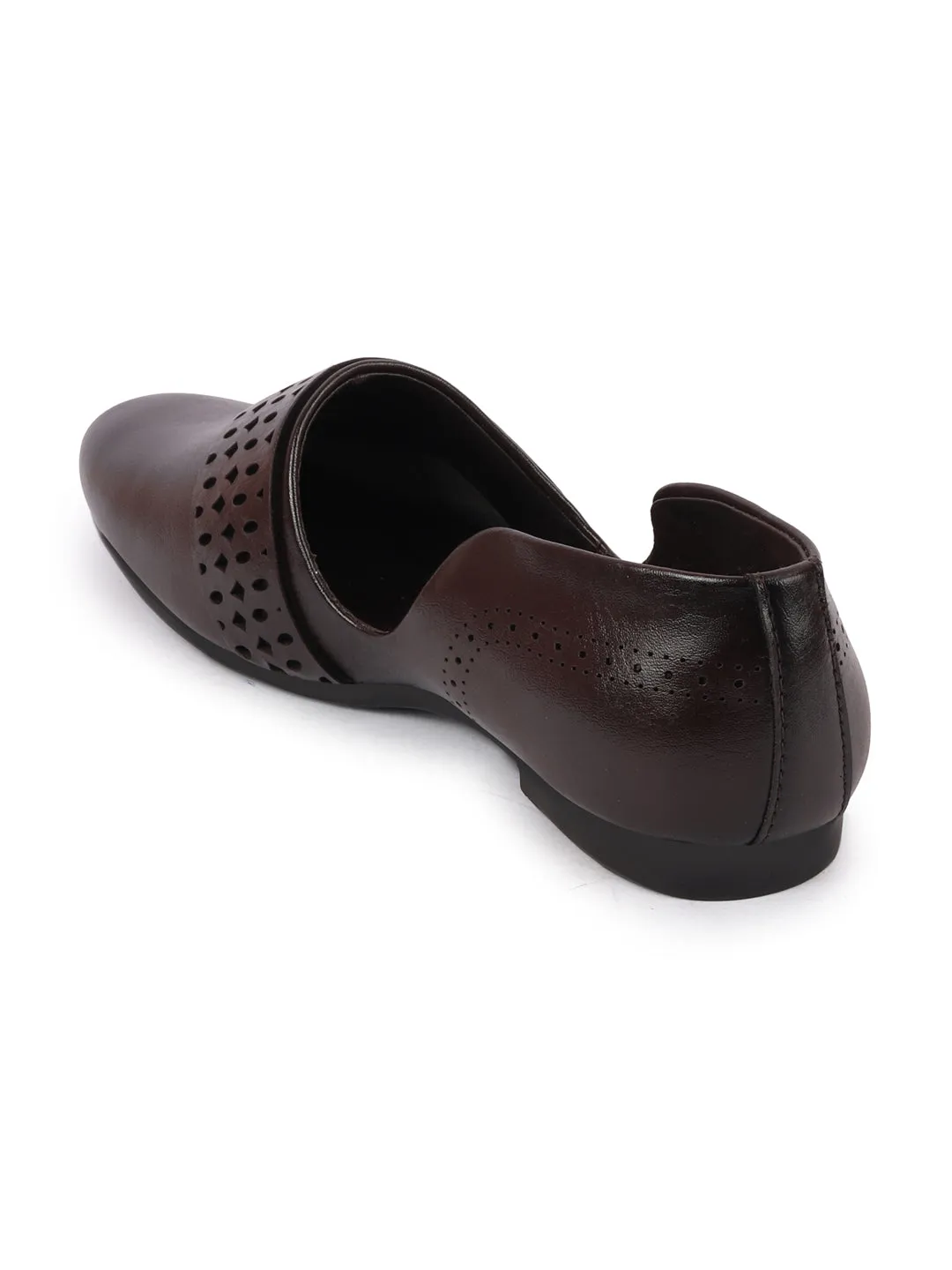 Men Brown Laser Cut Design Side Open Broad Feet Ethnic Party Slip On Shoes