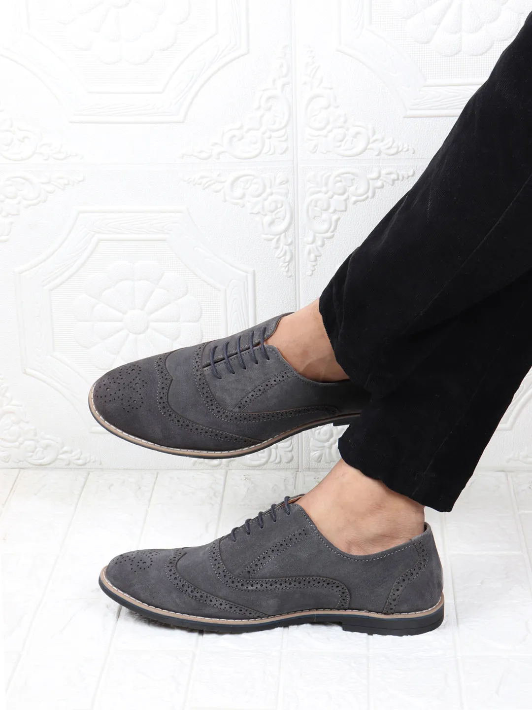 Men Grey Suede Leather Brogue Shoes with TPR Welted Sole