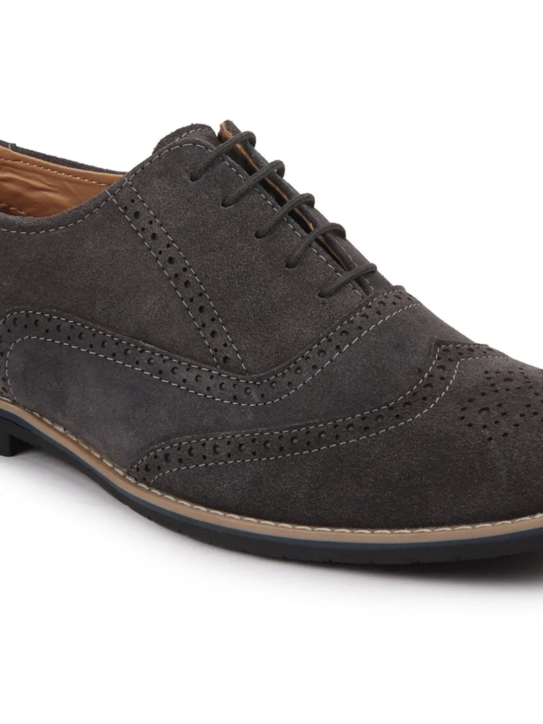 Men Grey Suede Leather Brogue Shoes with TPR Welted Sole